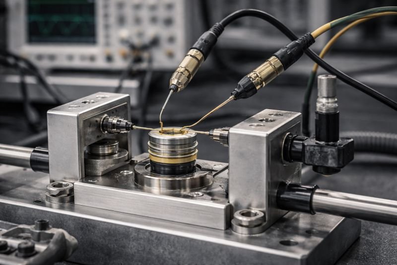 Close-up of a laboratory resonator test setup with a precision vibrating element, metal mounting frame, and measurement probes used to study sharp mechanical resonance under controlled conditions.