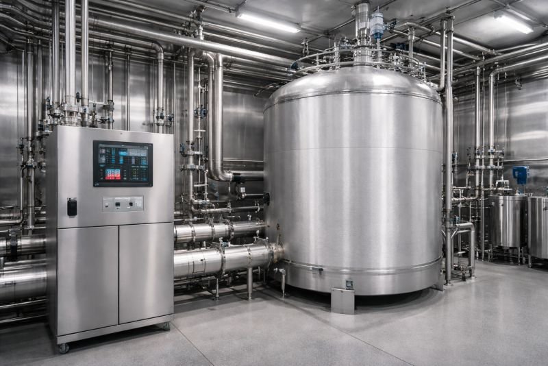 Industrial bioreactor operating room with an insulated fermentation vessel, stainless piping, and process monitoring equipment used in mesophilic fermentation