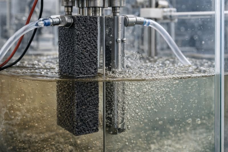 Laboratory bioelectrochemical reactor showing a dark anode chamber and a cathode releasing fine hydrogen bubbles, with visible tubing and electrodes in a clean research setup.