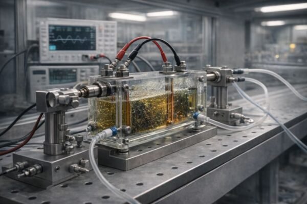 Laboratory bioelectrochemical reactor with a transparent chamber, electrode connections, tubing, and measurement equipment, illustrating the operating setup of a microbial fuel cell.