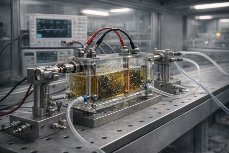 Laboratory bioelectrochemical reactor with a transparent chamber, electrode connections, tubing, and measurement equipment, illustrating the operating setup of a microbial fuel cell.