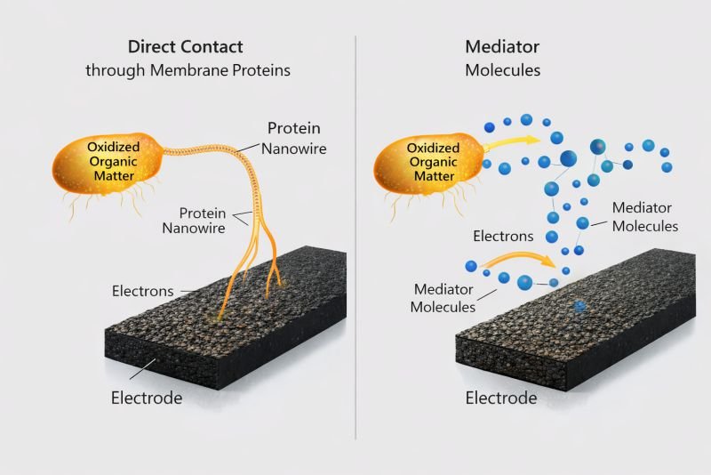 Split scientific diagram showing two electron transfer mechanisms in microbial fuel cells: direct electron transfer through protein nanowires to an electrode, and mediator molecules carrying electrons between a bacterium and the electrode.