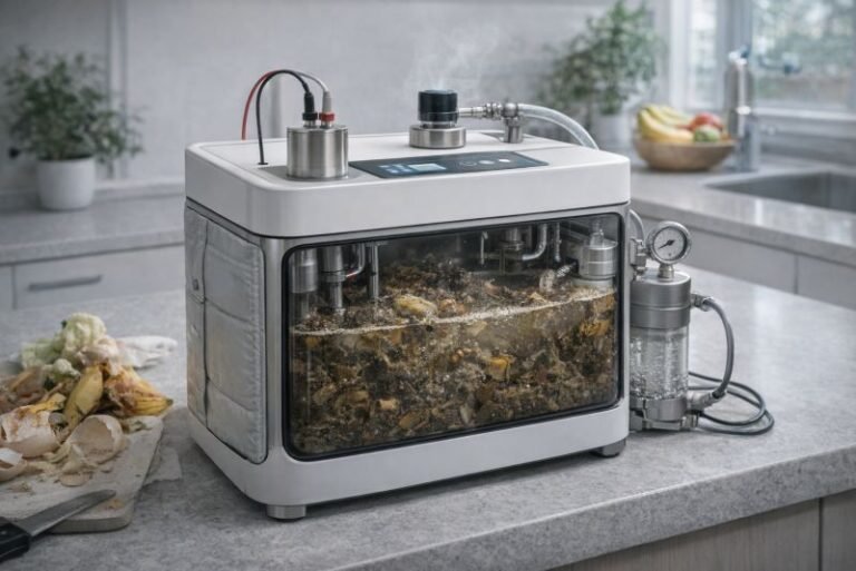 Compact microbial fuel cell appliance on a kitchen counter with sealed chambers, process fittings, and organic waste feedstock for household energy recovery