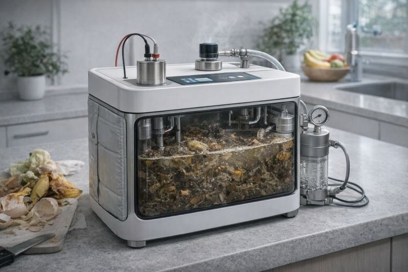 Compact microbial fuel cell appliance on a kitchen counter with sealed chambers, process fittings, and organic waste feedstock for household energy recovery