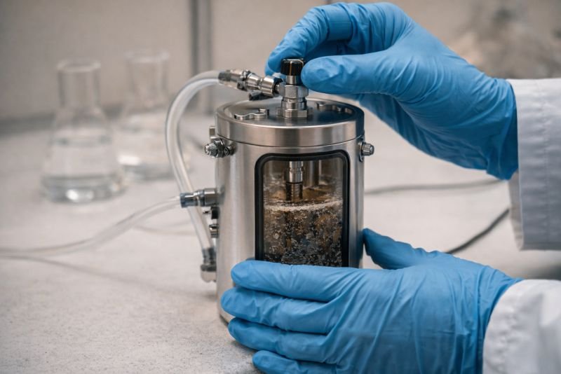 Researcher adjusting a valve on a small sealed microbial fuel cell bioreactor with a visible carbon electrode window in a laboratory setting