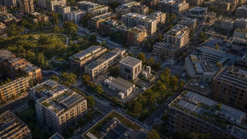 Aerial view of a dense residential district with a subtle neighborhood-scale energy footprint.