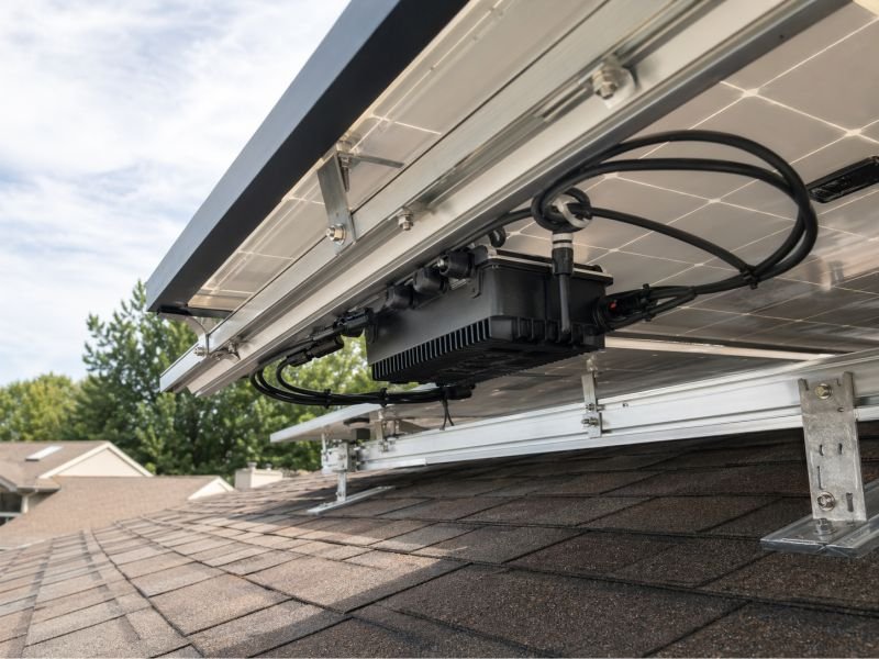 Close view of a rooftop solar panel underside with a compact microinverter mounted to the racking, showing visible cabling and electrical junctions in a residential solar installation.