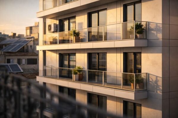Documentary-style photograph of a modern four-story apartment building facade at golden hour, with pale exterior panels, glass balconies, and warm sunlight across the upper floors in a southern European residential setting.