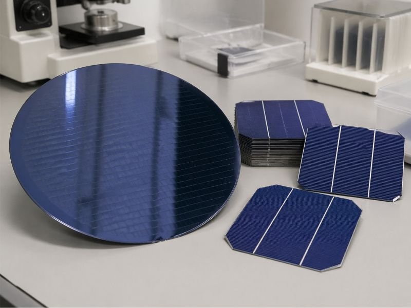 Dark blue monocrystalline silicon wafer with cut solar cells on a clean semiconductor lab workbench in a technical materials setting.