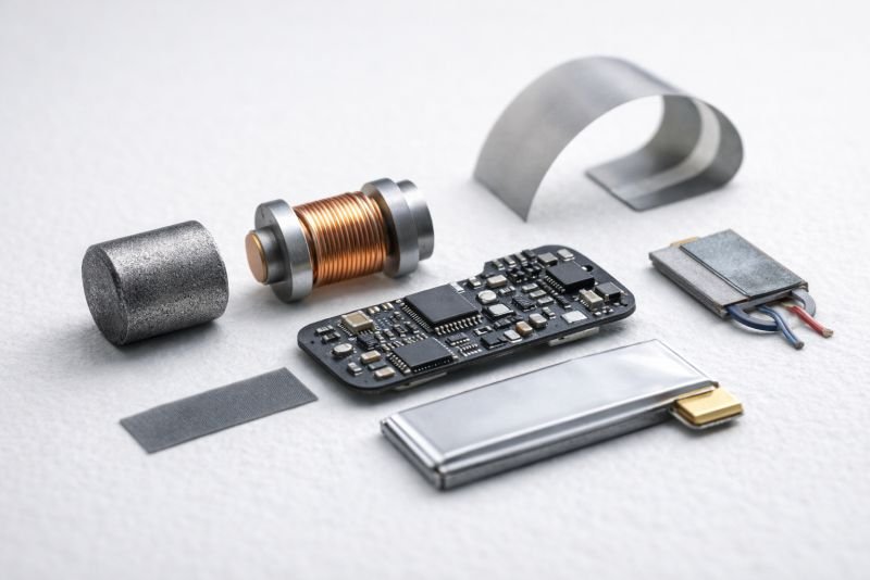 Photorealistic macro photograph of disassembled futuristic earbud components arranged on a white laboratory surface, including a dense tungsten cylinder, fine copper coil, thin flexible grey film, compact circuit board with visible microchips, solid-state battery cell, and thermoelectric strip under clinical overhead lighting.