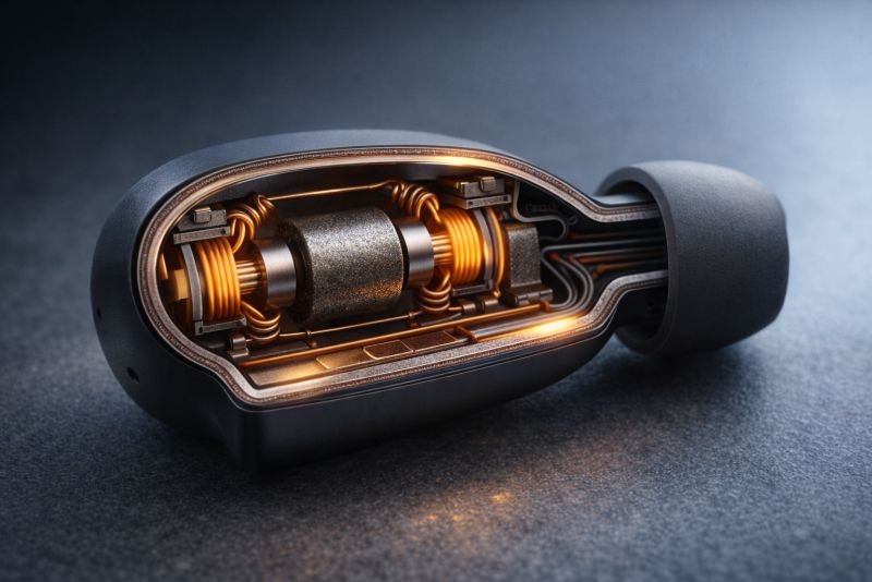 Photorealistic macro cross-section of an earbud housing cut cleanly in half, showing a central tungsten proof mass suspended by curved micro-springs, copper coil and permanent magnet assembly, flexible film layers, and a thermoelectric strip inside a matte-black shell with warm amber internal glow.