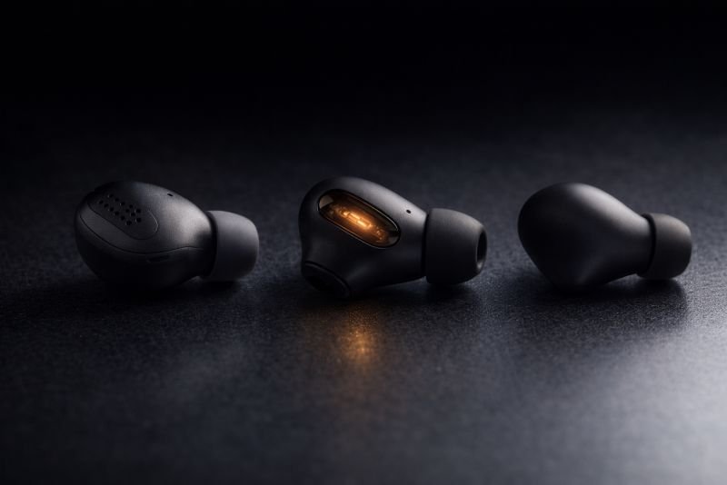 Photorealistic product image of three wireless earbuds placed side by side on a dark reflective surface, progressing from a current-generation design to a refined glowing concept and finally to a smooth minimal future form, illustrating the evolutionary arc of motion-powered earbuds.