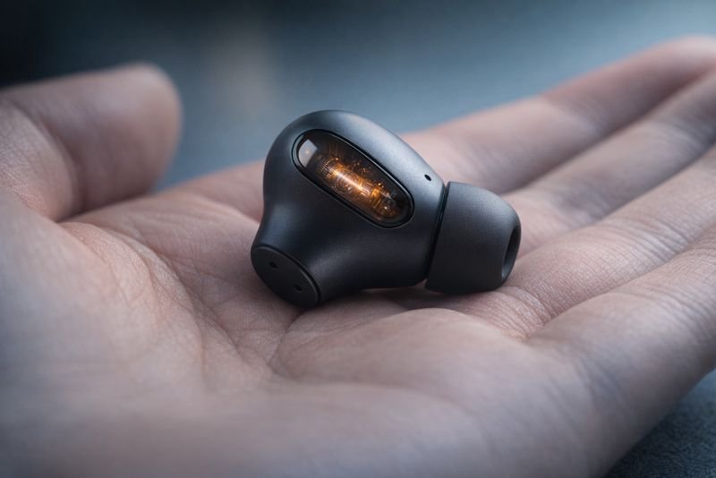 Photorealistic close-up of a sleek matte-black wireless earbud resting on a human palm, with a faint amber glow visible through a translucent panel suggesting internal energy activity, captured in a high-detail commercial product photography style.
