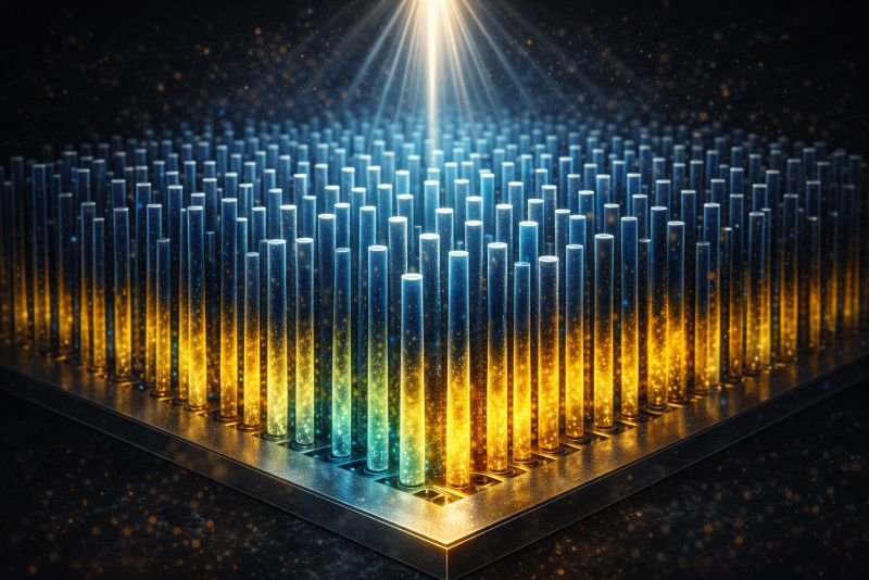 Landscape scientific visualization of a nanowire solar cell array, showing hundreds of upright cylindrical semiconductor wires on a substrate under white illumination, with blue and gold absorption zones along each wire.