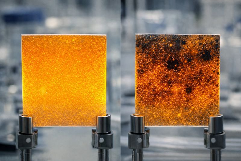 Landscape split-panel laboratory photograph showing a pristine quantum dot film with uniform orange luminescence on the left and a degraded film with patchy dark spots on the right, against a blurred scientific background.