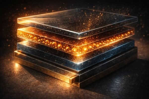Cross-section illustration of a multi-layer solar cell showing glowing quantum dots embedded between semiconductor layers, rendered with photorealistic material textures in amber and deep blue tones.