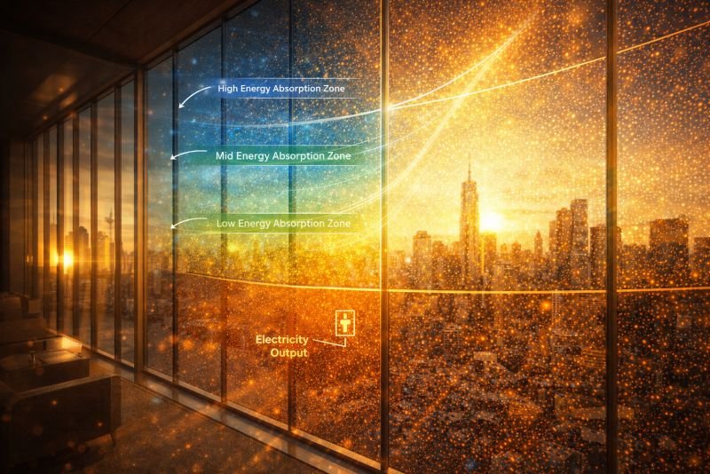 Landscape conceptual illustration of a future building facade covered in semi-transparent quantum dot solar panels, with city skyline visible through the glass and warm golden sunlight highlighting color-coded light absorption zones and technical overlay graphics.