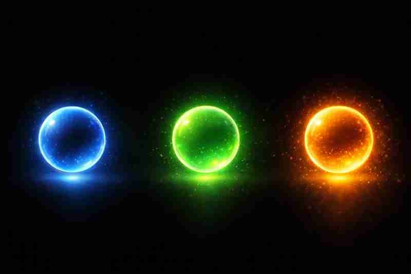 Scientific visualization of three quantum dots of different sizes glowing blue, green, and orange against a black background, illustrating how nanoscale size changes emission wavelength and bandgap behavior.