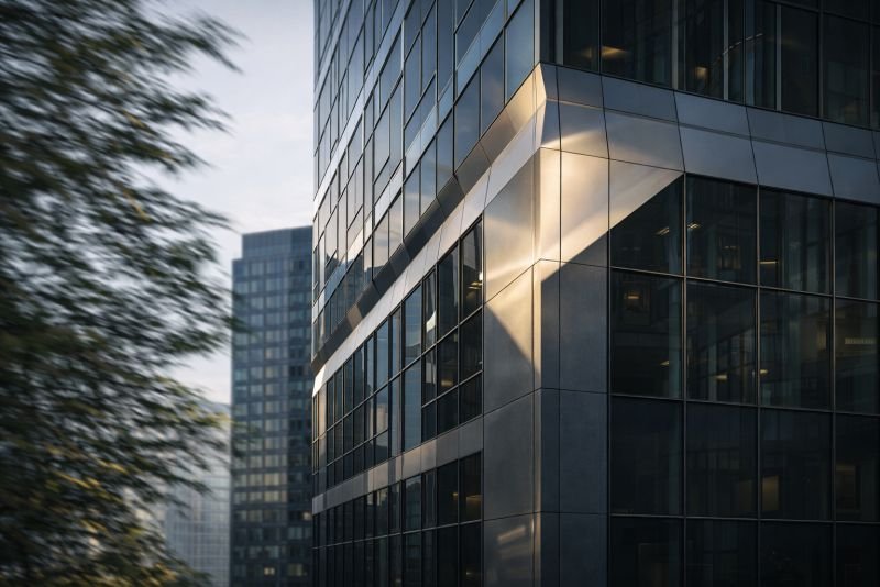 Photorealistic near-future office tower corner with smooth advanced facade panels, dark glass, sharp late afternoon light, and blurred foreground trees indicating wind along the building edge.