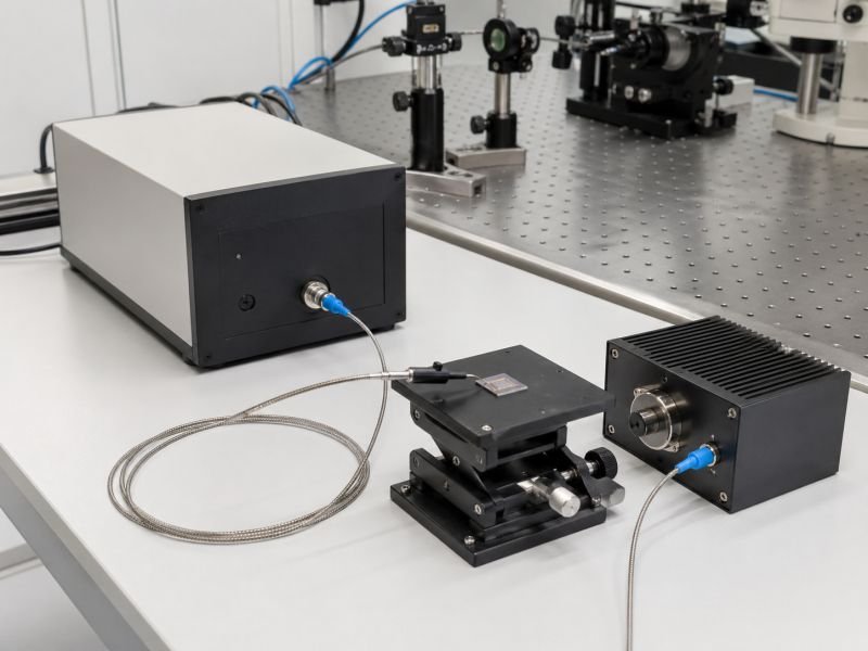 Optics laboratory setup with a near-infrared spectrometer, fiber-coupled light source, matte black sample stage, and semiconductor test sample under balanced white lighting.