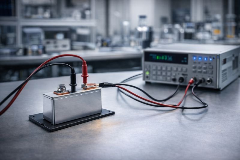 Single battery cell connected to precision voltage measurement equipment on a clean laboratory bench for battery voltage modeling and electrochemical testing.