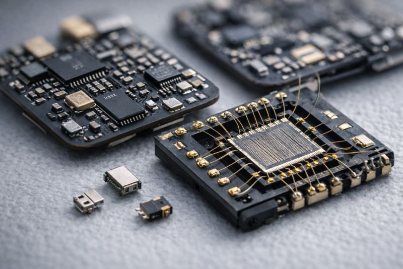 Photorealistic laboratory close-up of a miniature earbud circuit module beside a neuromorphic processor chip, with fine bonding wires, compact sensors, and low-power electronic components arranged on an anti-static work surface.