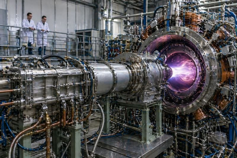 Fusion research device with a neutral beam injector line aimed into a toroidal plasma chamber, surrounded by vacuum hardware, cooling pipes, and diagnostic equipment.