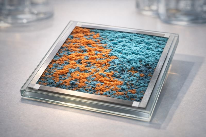 Organic solar cell thin-film sample showing donor-acceptor microstructure in a laboratory setting, representing non-fullerene acceptor materials used in high-efficiency OPV cells.