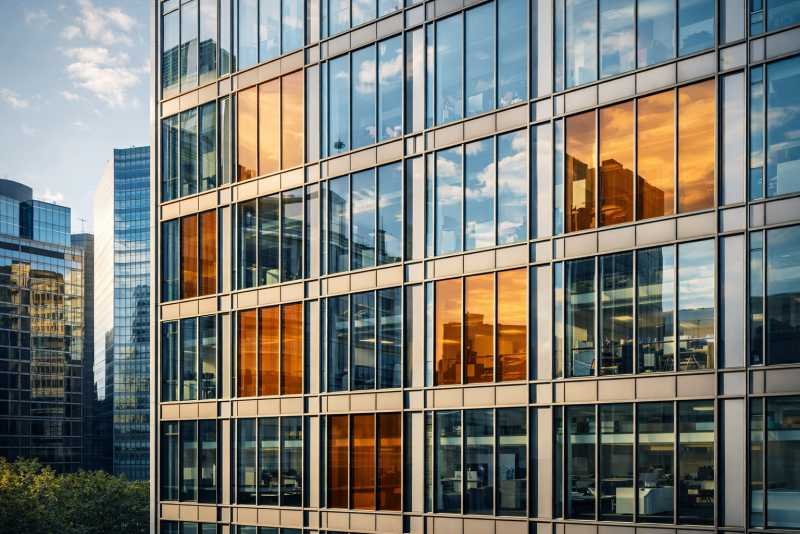 Modern office building facade with organic photovoltaic solar windows featuring amber-tinted glass panels in an urban setting.