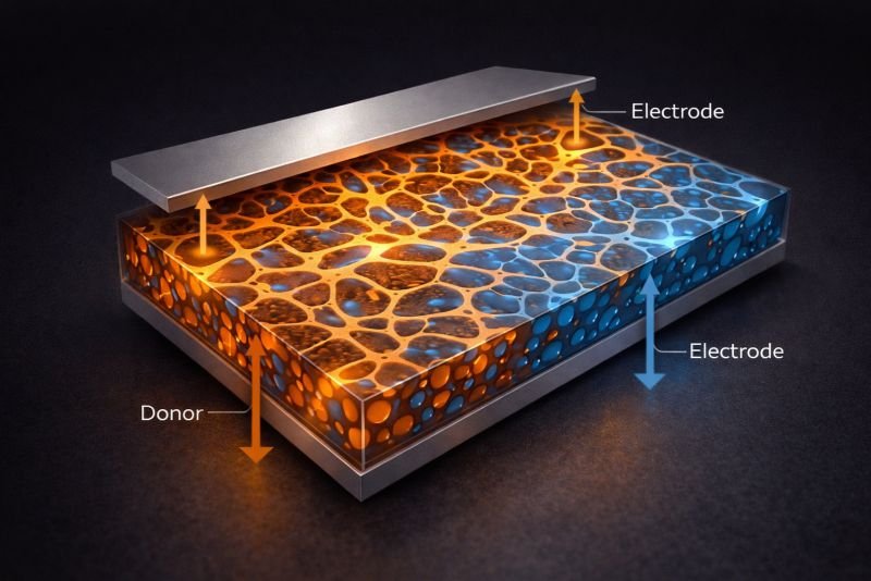 Landscape cross-section illustration of a bulk heterojunction organic solar cell, showing an interpenetrating donor-acceptor network with orange donor regions and blue acceptor regions between top and bottom electrodes.