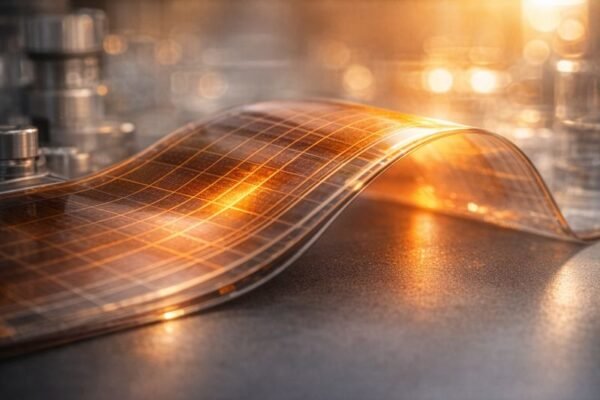 Close-up macro photograph of a thin, semi-transparent orange-tinted flexible solar film draped over a curved surface and backlit by warm sunlight, showing translucent layered structure in an editorial science photography style.