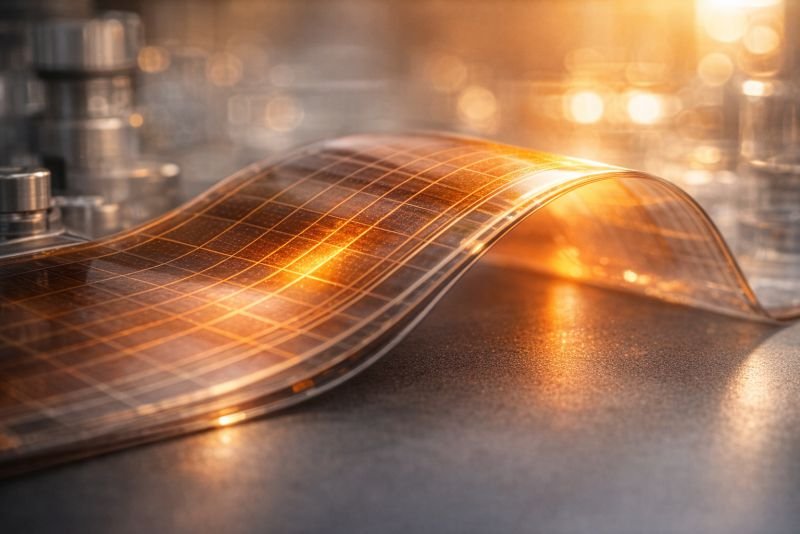 Close-up macro photograph of a thin, semi-transparent orange-tinted flexible solar film draped over a curved surface and backlit by warm sunlight, showing translucent layered structure in an editorial science photography style.