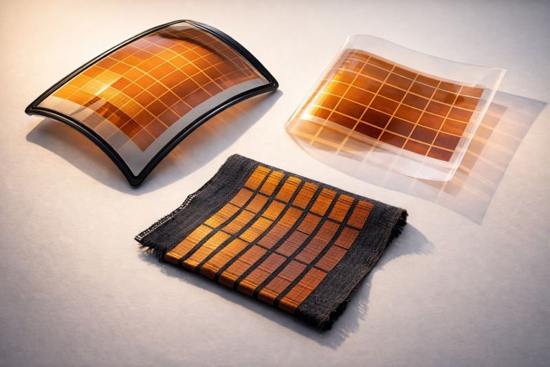 Flat-lay product image showing organic photovoltaic integration on curved automotive glass, printed solar textile, and transparent solar window film on a clean white surface.