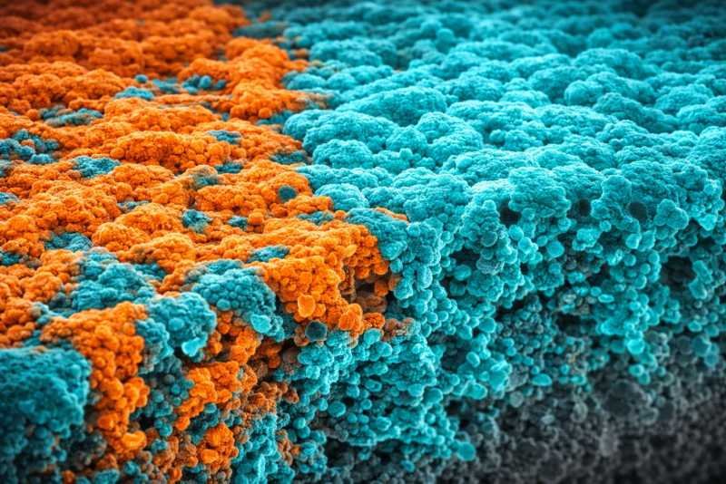 False-color SEM-style cross-section of an organic solar cell bulk heterojunction, showing nanoscale donor-acceptor morphology and interpenetrating domains that affect charge transport.