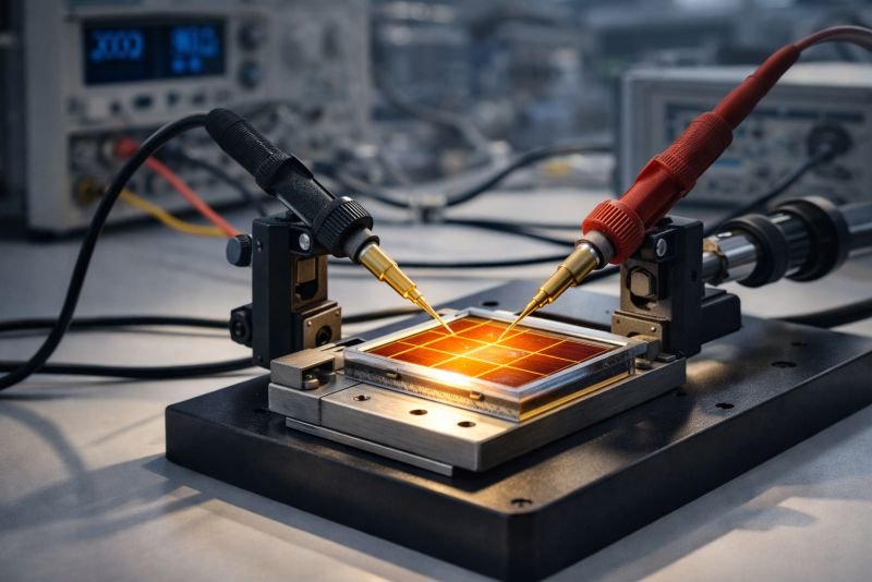 Laboratory test setup measuring power conversion efficiency of an organic solar cell, with illuminated photovoltaic sample, precision probes, and scientific instruments on a clean bench.