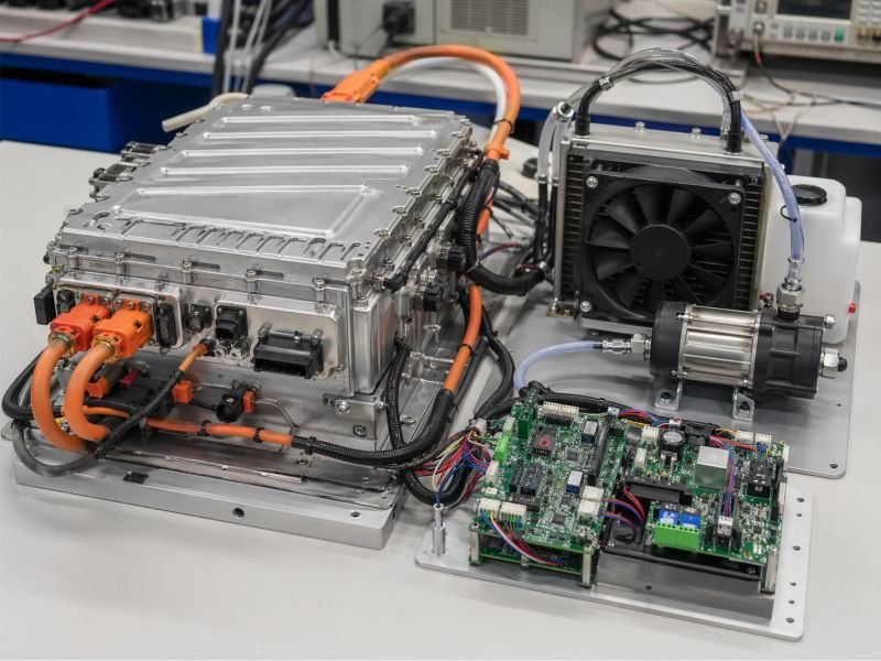Compact power system on a technical workbench with cooling fan, pump, wiring, and control electronics that illustrate parasitic load in power systems.