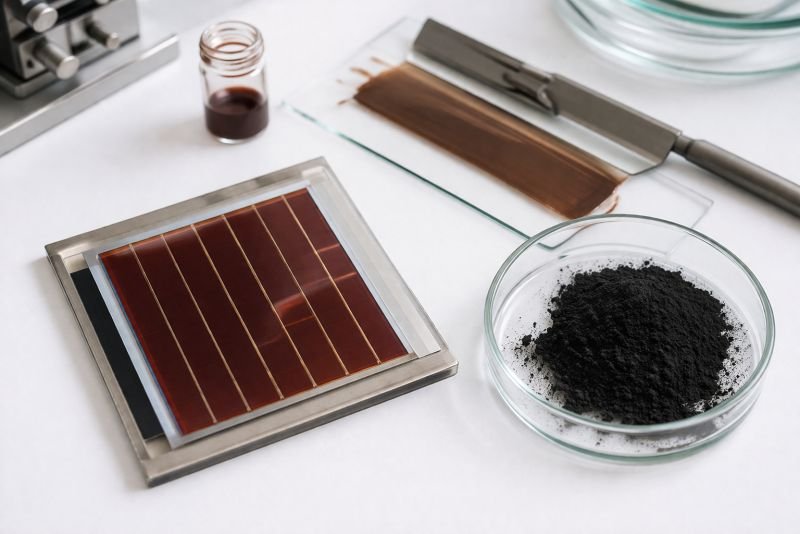 Laboratory image of an organic solar cell sample with fullerene-based PCBM transport material and thin-film coating tools on a clean research bench.