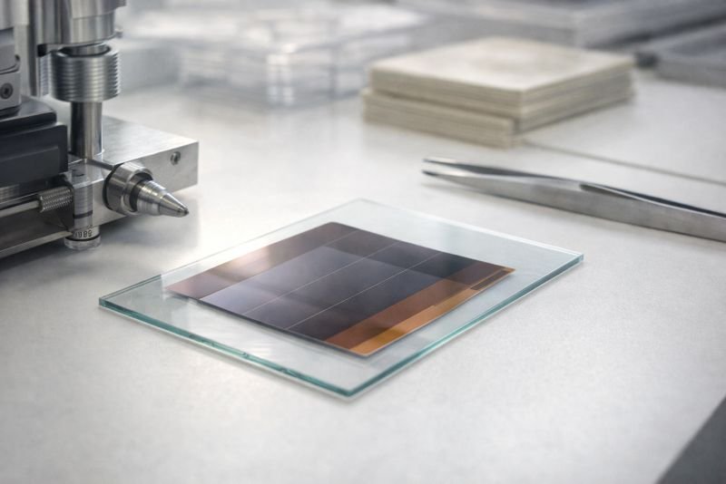 Photorealistic laboratory scene showing a thin-film perovskite solar sample on glass beside precision deposition tools and cleanroom-compatible materials, with visible layered semiconductor structure under soft neutral daylight.