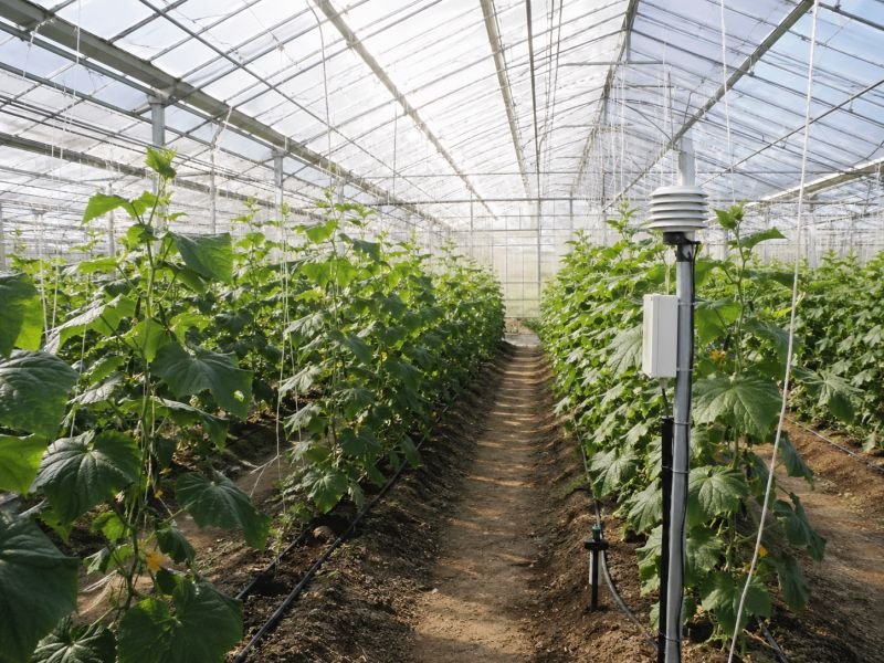 Greenhouse crop rows under semi-transparent roofing with filtered daylight and agricultural sensors used to monitor photosynthetically active radiation.