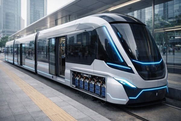 Futuristic cable-free tram at a modern urban station, designed to suggest supercapacitor-based rapid charging and high-power electric transit