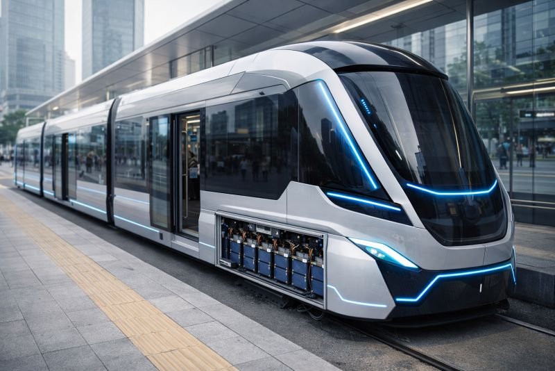 Futuristic cable-free tram at a modern urban station, designed to suggest supercapacitor-based rapid charging and high-power electric transit