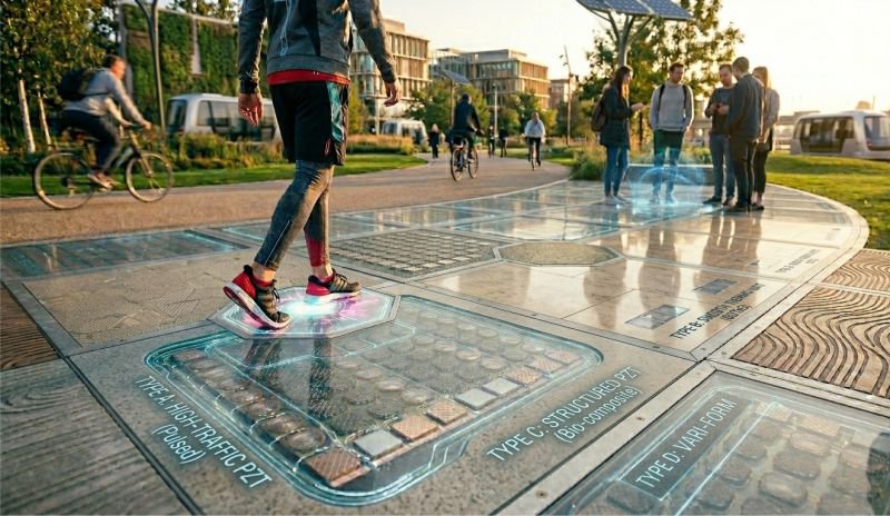 piezoelectric thermoelectric hybrid footpath with energy-harvesting tiles beneath pedestrians on an urban walkway.