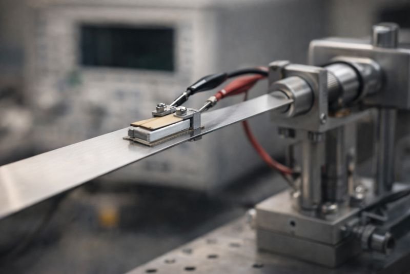 Close-up of a piezoelectric element bonded to a thin vibrating beam in a laboratory setup, with fine wiring, metal mounting hardware, and precision instrumentation in the background.