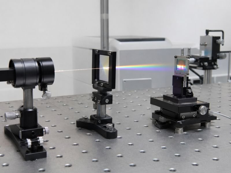 Laboratory optical bench with a narrow light beam passing through a diffraction grating onto a semiconductor sample for quantum physics measurement.
