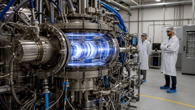 Fusion laboratory chamber showing plasma confinement inside magnetic coils, with cooling lines and engineers observing the experiment from a safe distance.
