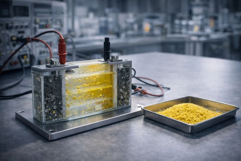Laboratory lithium-sulfur battery test cell with electrolyte-filled separator layers and sulfur cathode material prepared for analysis.
