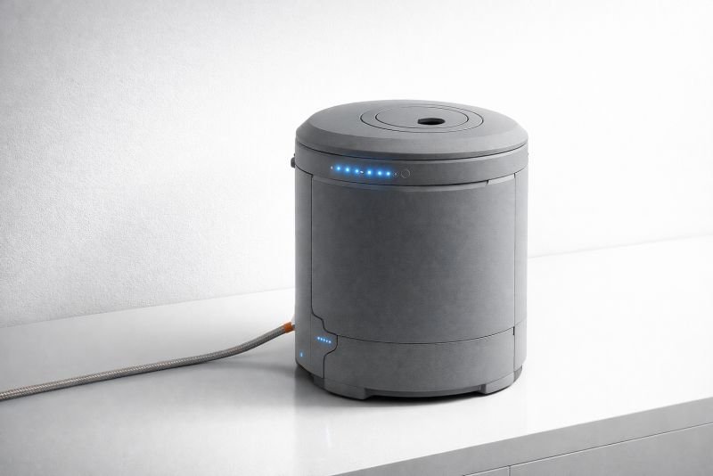Matte gray cylindrical bio-reactor appliance on a clean kitchen counter with a braided hose connected at the base