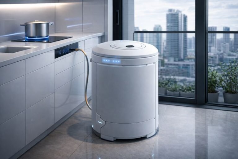 Portable bio-reactor appliance in a modern urban apartment kitchen with a discreet domestic energy connection