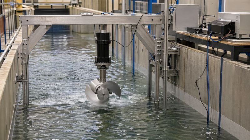 Hydrokinetic turbine test setup in a flowing water channel with rotor, support frame, and measurement equipment for fluid energy conversion testing.