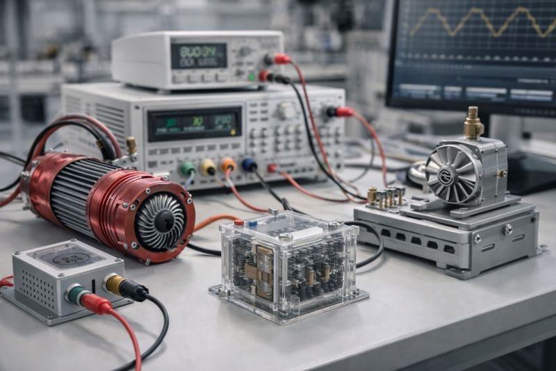 Engineering lab bench with several compact energy devices, test fixtures, wiring, and measurement equipment arranged to compare how much output different systems deliver for their physical size.
